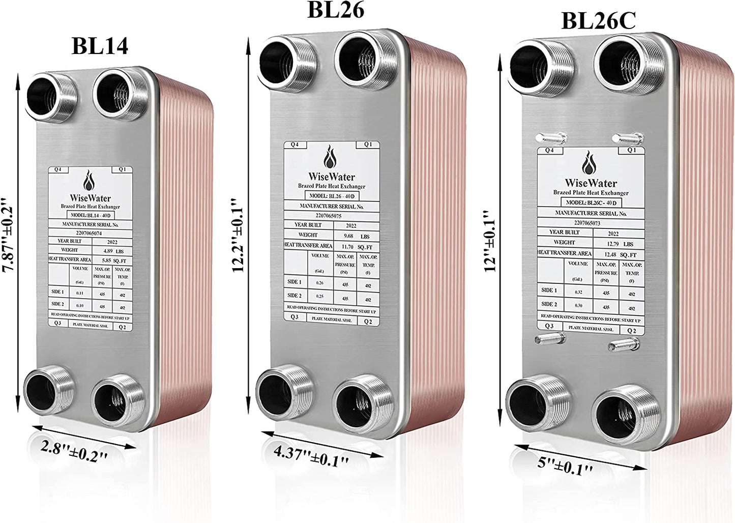 Plate Heat Exchanger, 5"X 12" 40 Plates Water to Water Heat Exchanger, Copper/Ss316L Stainless Steel Brazed Plate Heat Exchanger for Floor Heating, Water Heating, Snow Melting