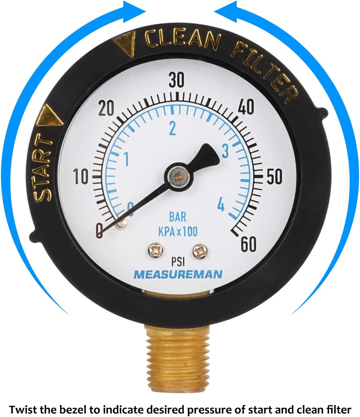2" Start and Clean Filter Pressure Gauge, Swimming Pool Filter Pressure Gauge, Spa, Aquarium, Water Pressure Gauge, 1/4" NPT Lower Mount 0-60Psi/Bar