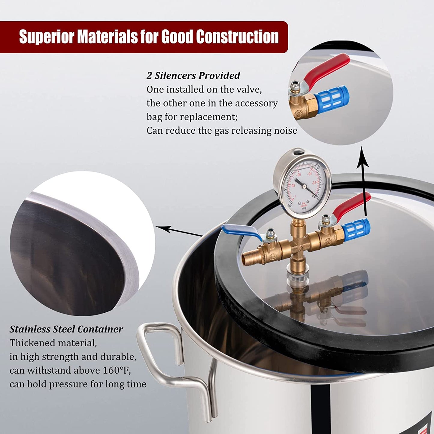 5 Gallon Tempered Glass Lid Vacuum Chamber, Vacuum Degassing Chamber 18.9L, Degassing Chamber Stainless Steel for Stabilizing Wood, Degassing Silicones, Epoxies and Essential Oils
