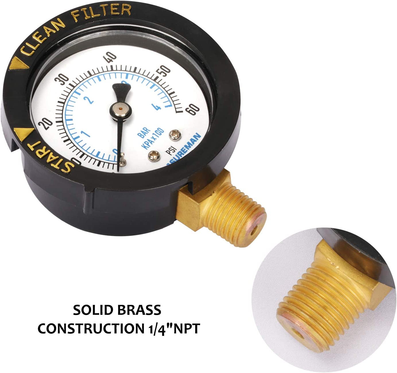 2" Start and Clean Filter Pressure Gauge, Swimming Pool Filter Pressure Gauge, Spa, Aquarium, Water Pressure Gauge, 1/4" NPT Lower Mount 0-60Psi/Bar