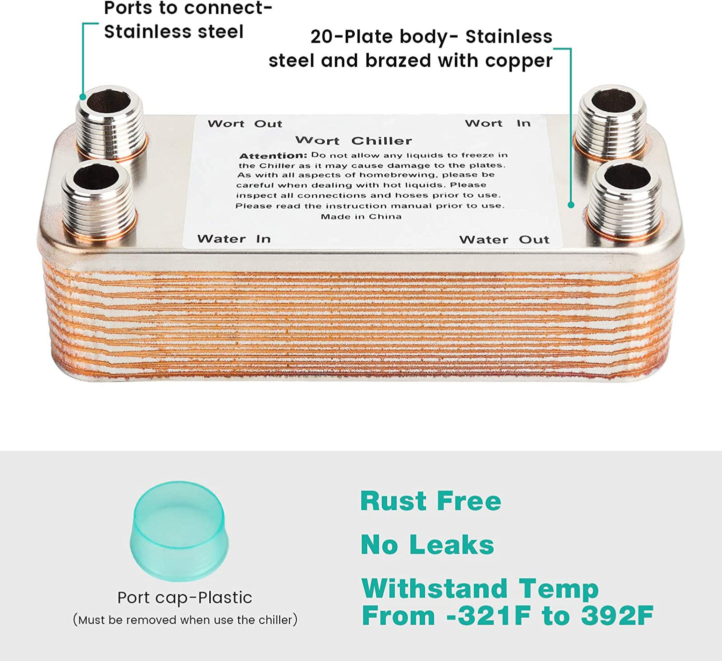 【20 Plates】 Homebrew Wort Chiller, Stainless Steel and Brazed with Copper Heat Exchanger, 1/2 NPT Thread Connection Hot Liquid Accelerated Cooler