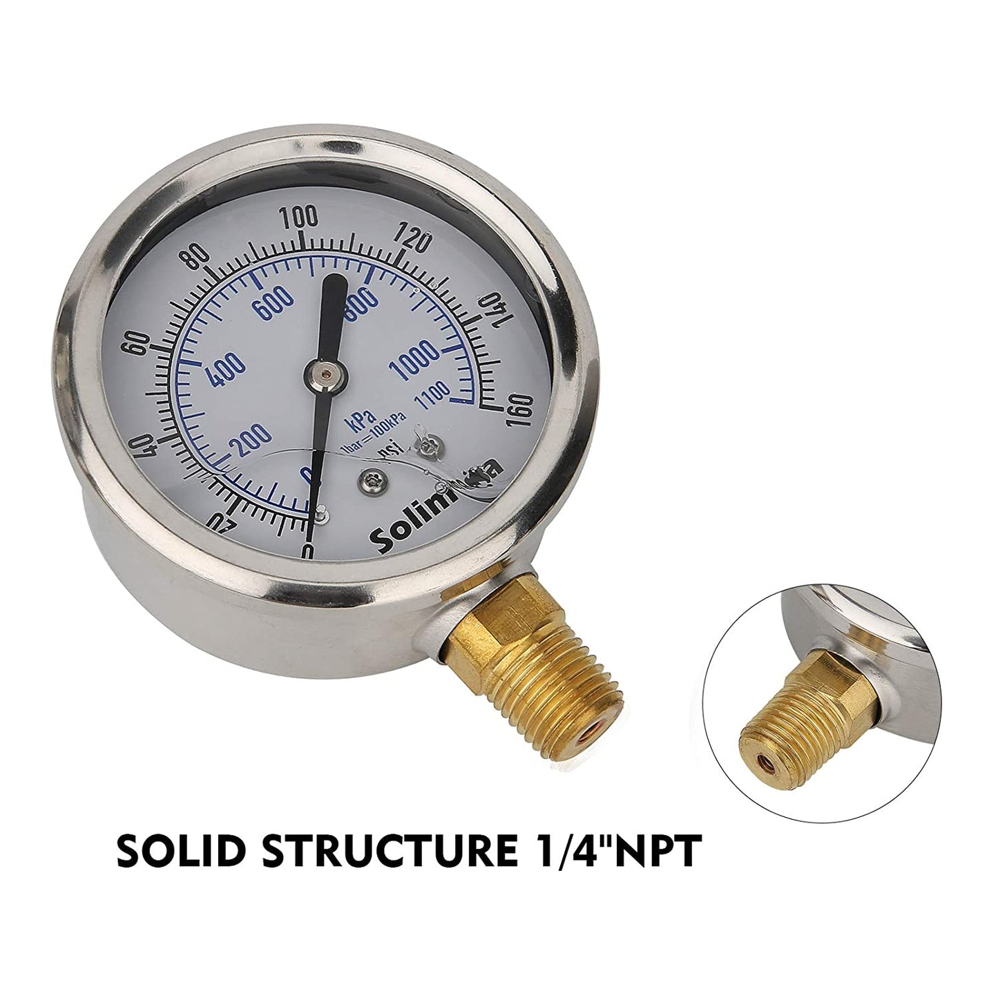 2-1/2" Dial Size, Glycerin Filled Pressure Gauge, 0-160Psi/Kpa, 304 Stainless Steel Case, 1/4"NPT Lower Mount