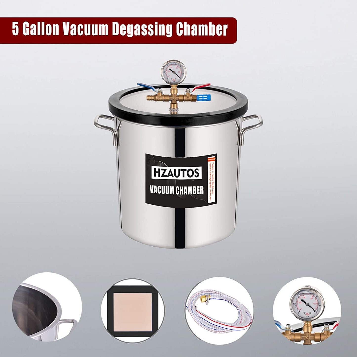 5 Gallon Tempered Glass Lid Vacuum Chamber, Vacuum Degassing Chamber 18.9L, Degassing Chamber Stainless Steel for Stabilizing Wood, Degassing Silicones, Epoxies and Essential Oils