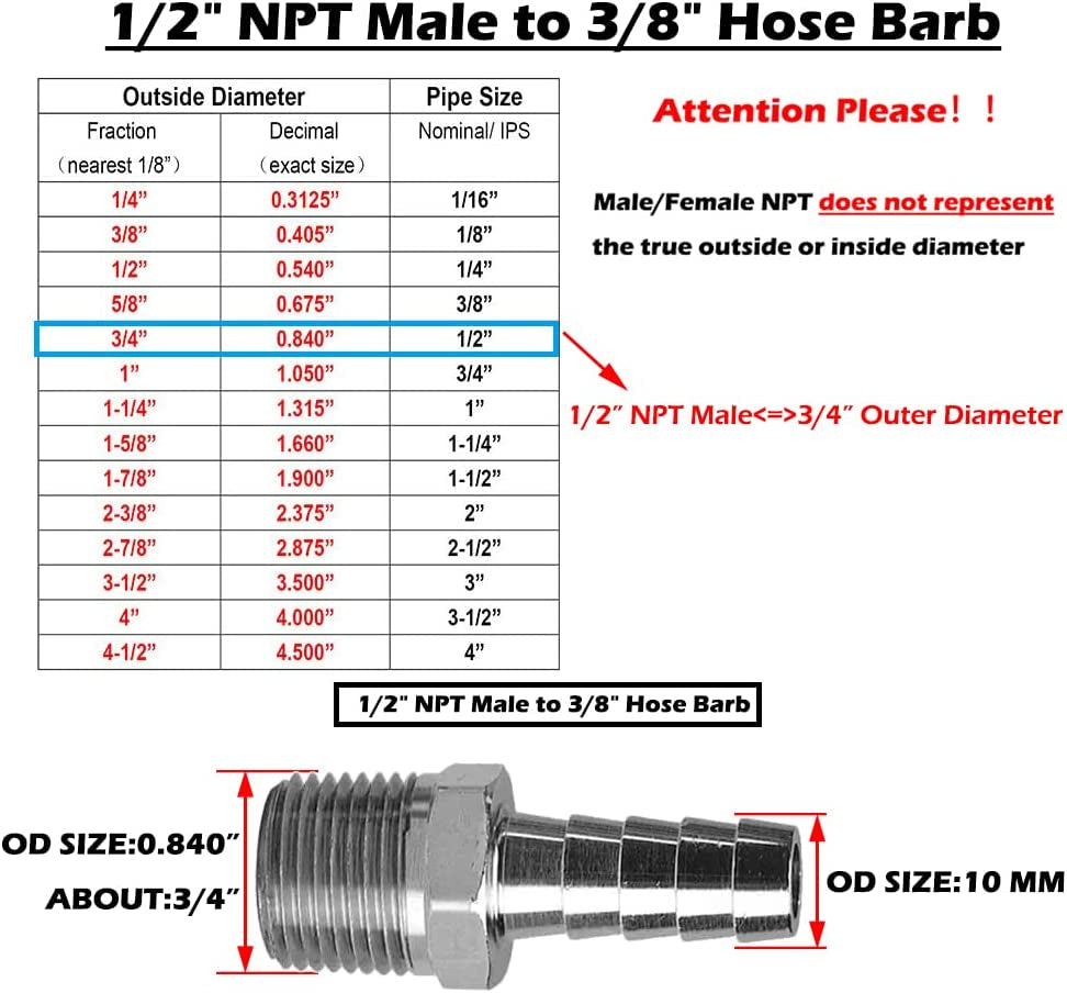 Stainless Steel 3/8" Hose Barb to 1/2" Male NPT Home Brew Fitting Water Fuel Air (Pack of 5)