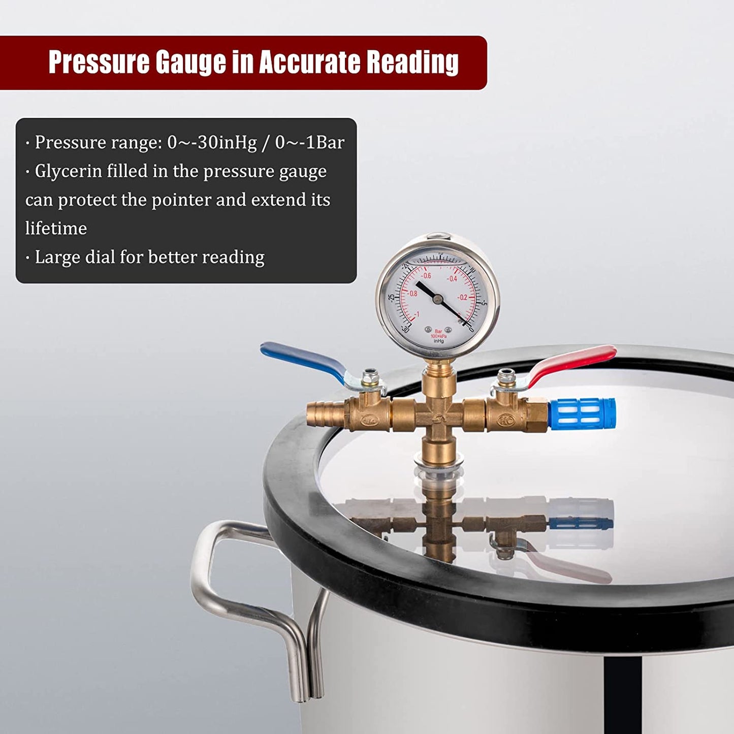 5 Gallon Tempered Glass Lid Vacuum Chamber, Vacuum Degassing Chamber 18.9L, Degassing Chamber Stainless Steel for Stabilizing Wood, Degassing Silicones, Epoxies and Essential Oils