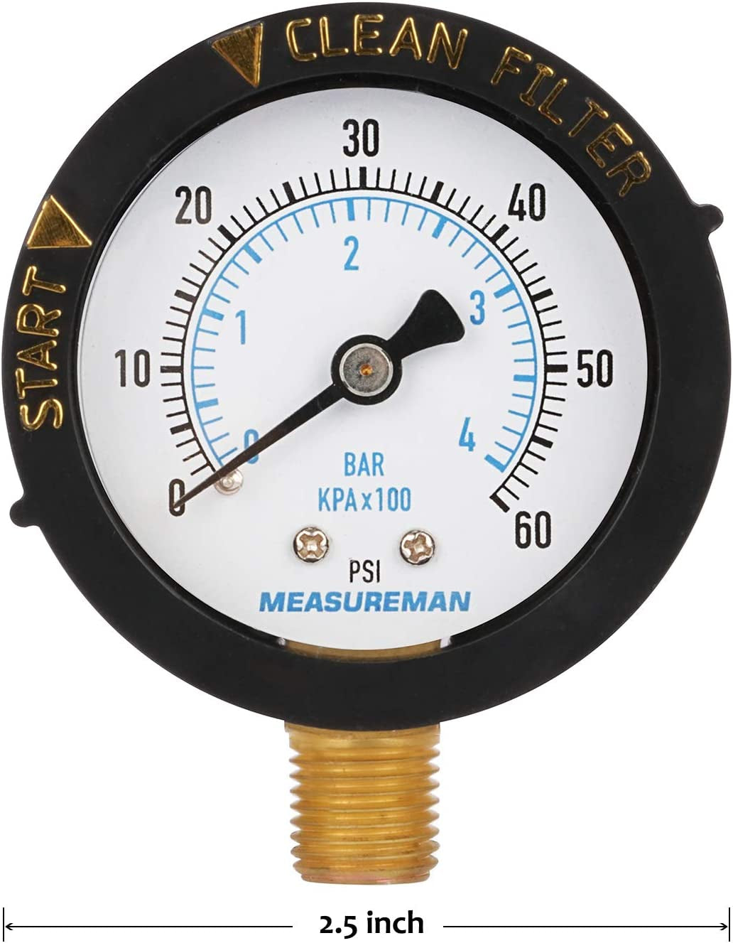 2" Start and Clean Filter Pressure Gauge, Swimming Pool Filter Pressure Gauge, Spa, Aquarium, Water Pressure Gauge, 1/4" NPT Lower Mount 0-60Psi/Bar