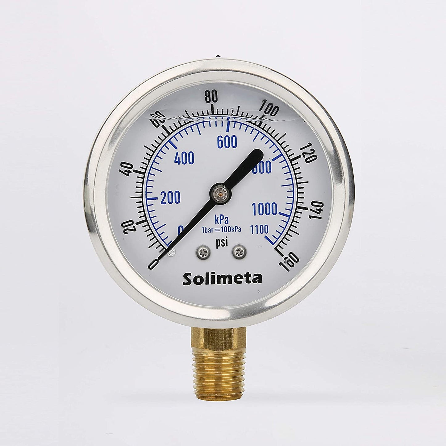 2-1/2" Dial Size, Glycerin Filled Pressure Gauge, 0-160Psi/Kpa, 304 Stainless Steel Case, 1/4"NPT Lower Mount