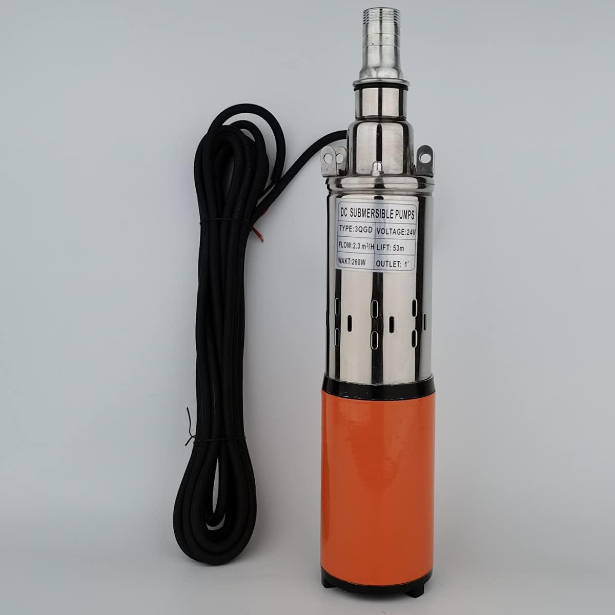 24V DC Solar Submersible Water Pump 260W 3Inch Tube Stainless Steel Shell Deep Well Pump 1" Outlet Lift 53M 24V Solar Well Pump 24Volt DC Power Screw Pump for Agricultural Irrigation Garden Home