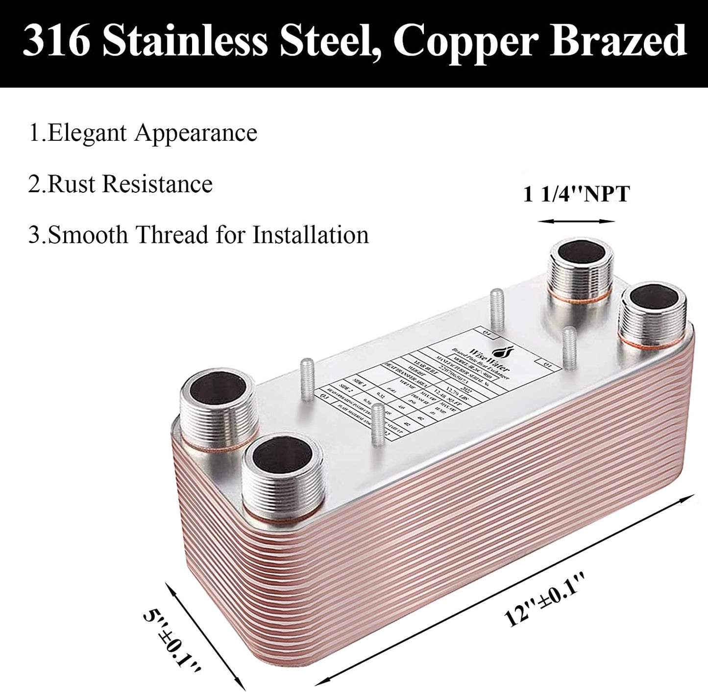 Plate Heat Exchanger, 5"X 12" 40 Plates Water to Water Heat Exchanger, Copper/Ss316L Stainless Steel Brazed Plate Heat Exchanger for Floor Heating, Water Heating, Snow Melting