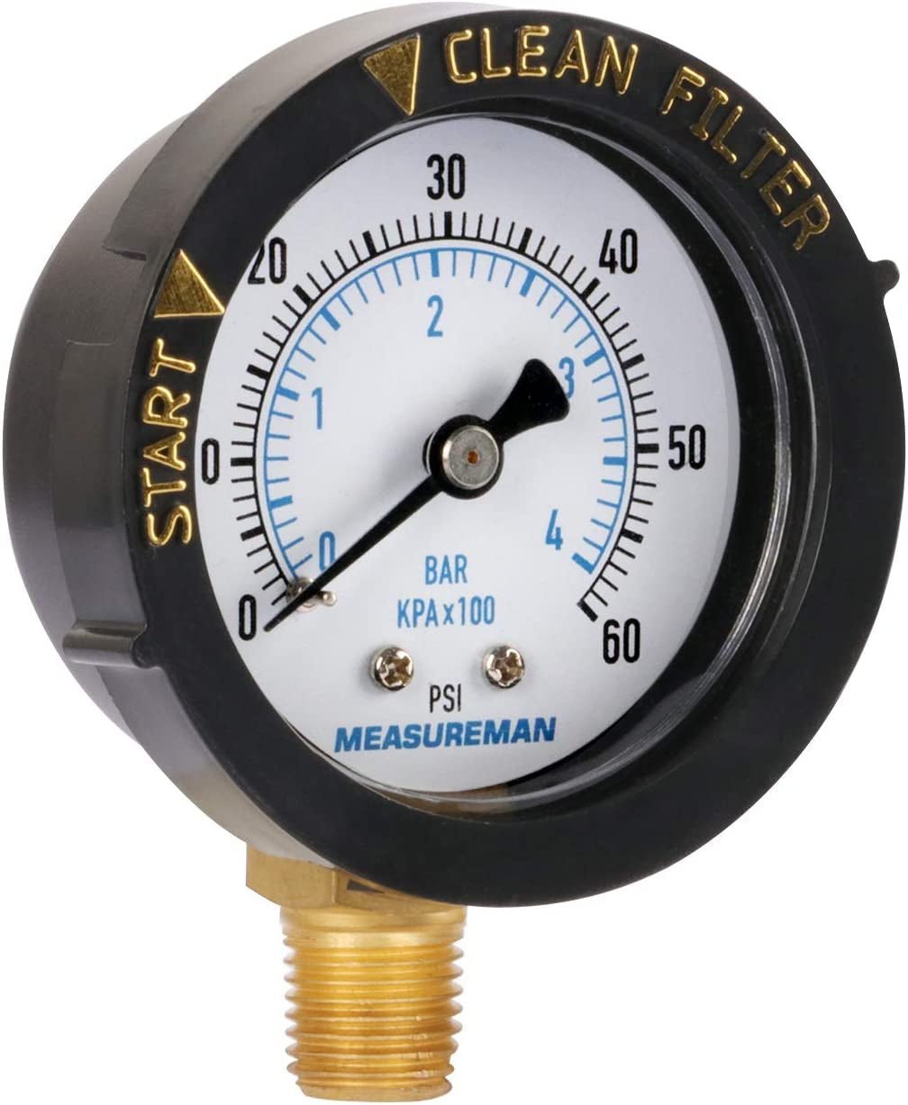 2" Start and Clean Filter Pressure Gauge, Swimming Pool Filter Pressure Gauge, Spa, Aquarium, Water Pressure Gauge, 1/4" NPT Lower Mount 0-60Psi/Bar