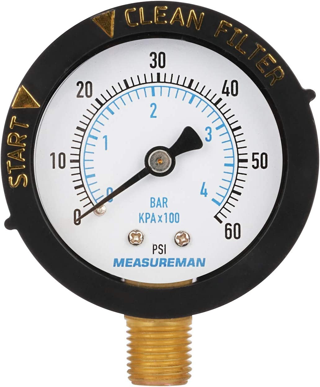 2" Start and Clean Filter Pressure Gauge, Swimming Pool Filter Pressure Gauge, Spa, Aquarium, Water Pressure Gauge, 1/4" NPT Lower Mount 0-60Psi/Bar