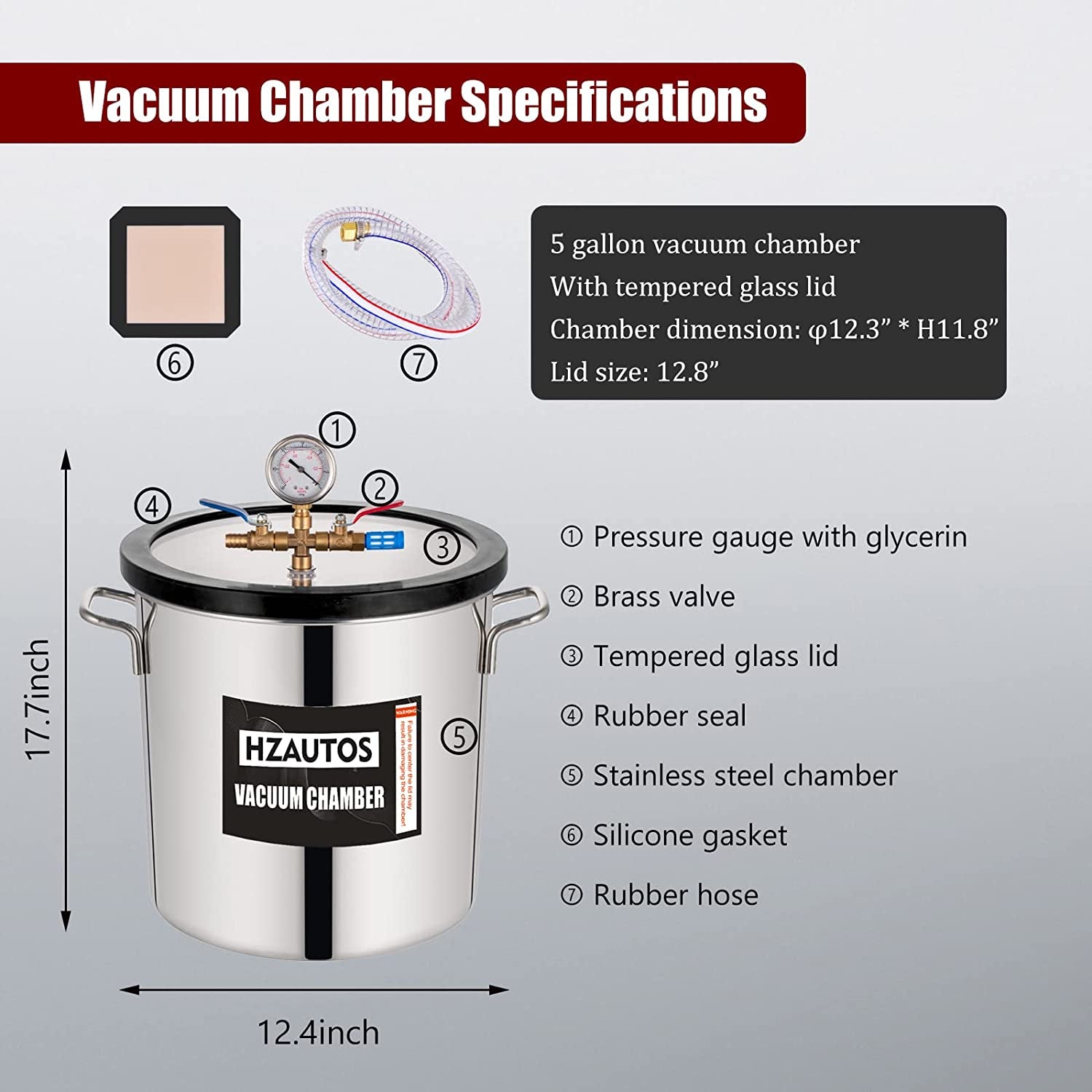 5 Gallon Tempered Glass Lid Vacuum Chamber, Vacuum Degassing Chamber 18.9L, Degassing Chamber Stainless Steel for Stabilizing Wood, Degassing Silicones, Epoxies and Essential Oils