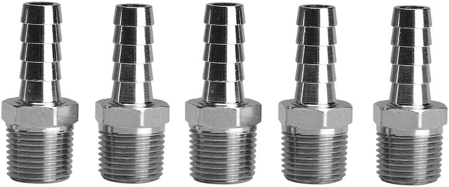 Stainless Steel 3/8" Hose Barb to 1/2" Male NPT Home Brew Fitting Water Fuel Air (Pack of 5)