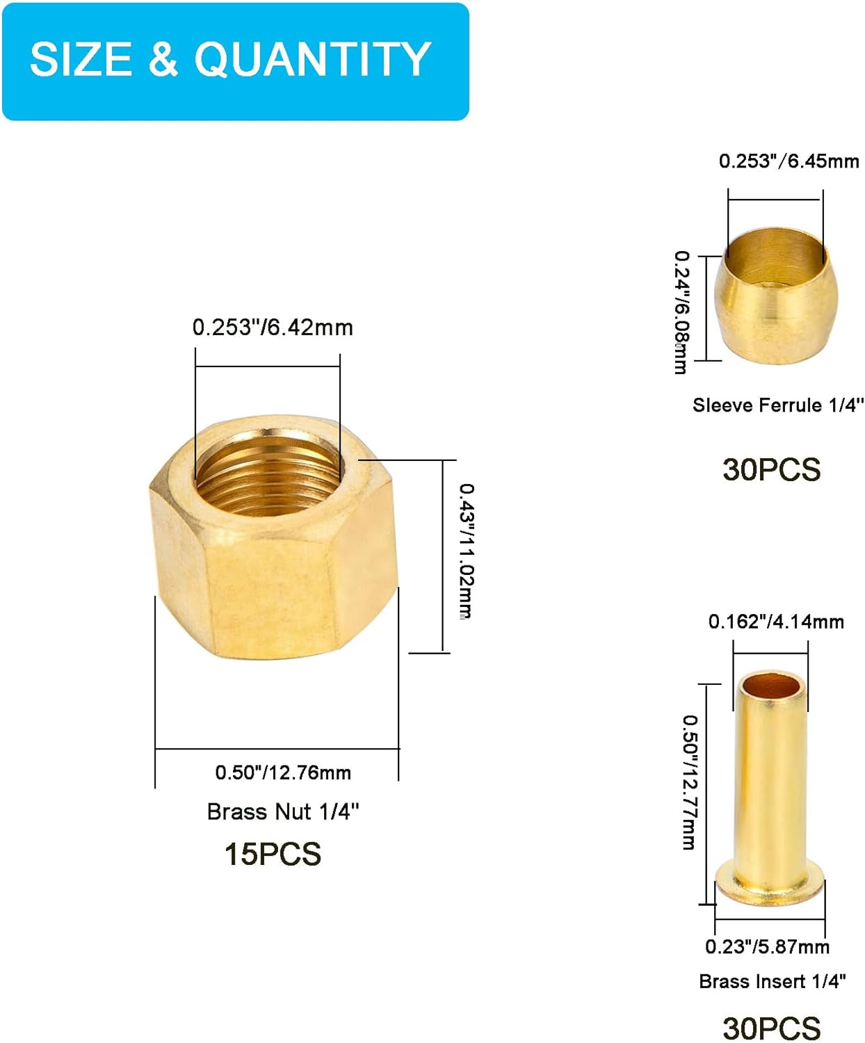 1/4 Inch OD Brass Compression Insert,Sleeve Ferrule,Nut 75PCS