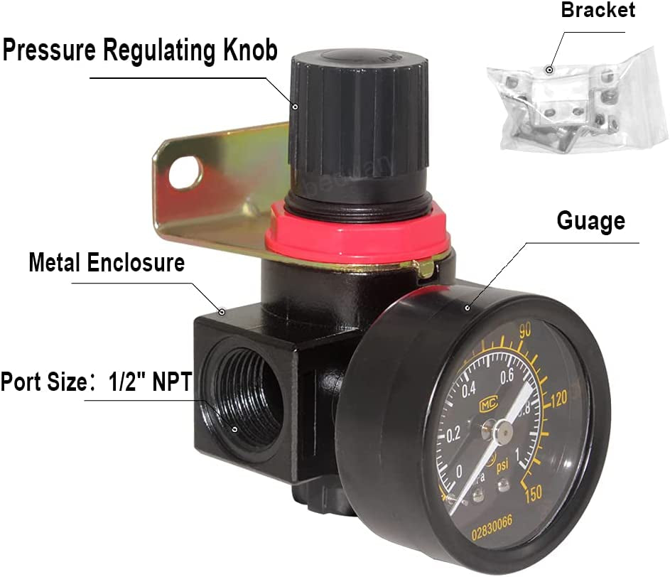 BR4000 Air Compressor Regulator Combo 1/2" Npt,Manual Drain with Bracket, Gauge