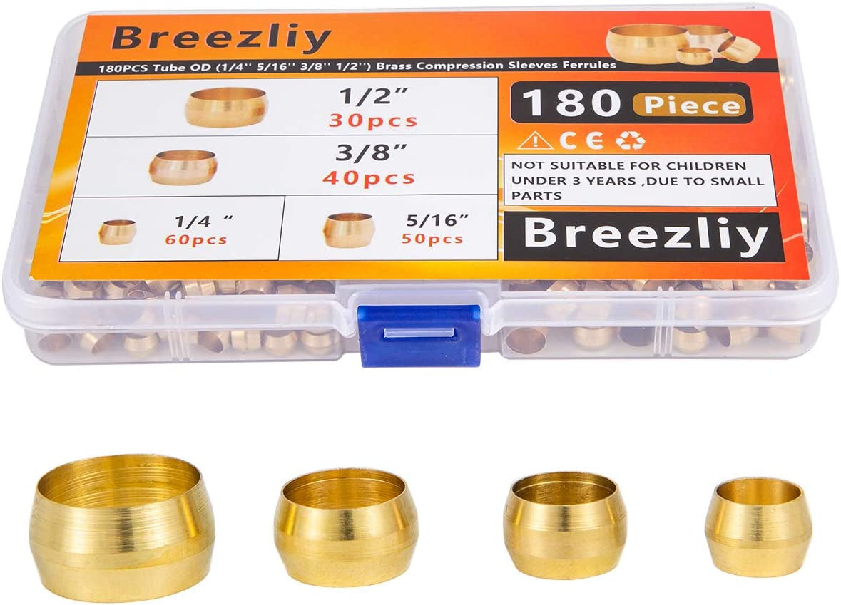 180PCS Tube OD（1/4" 5/16" 3/8" 1/2") Brass Compression Sleeves Ferrules,4 Sizes Brass Compression Fitting Assortment Kit