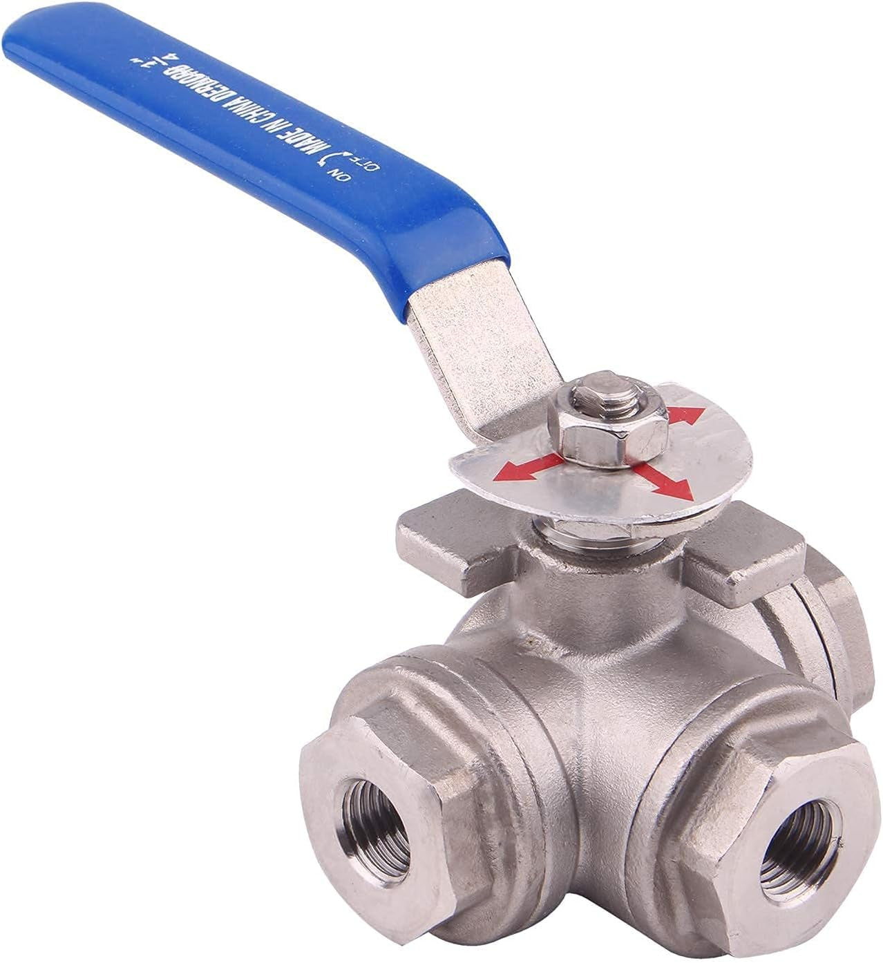 3-Way Ball Valve, T Mounting Pad, Stainless Steel 304 Female Type for Water, Oil, and Gas with Vinyl Locking Handle (1/4 Inch NPT)