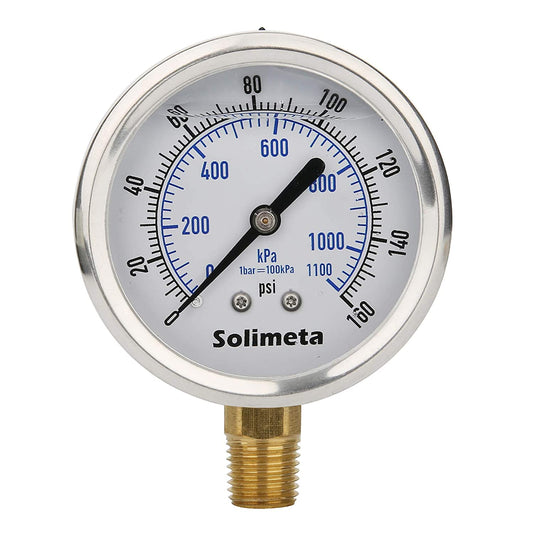 2-1/2" Dial Size, Glycerin Filled Pressure Gauge, 0-160Psi/Kpa, 304 Stainless Steel Case, 1/4"NPT Lower Mount