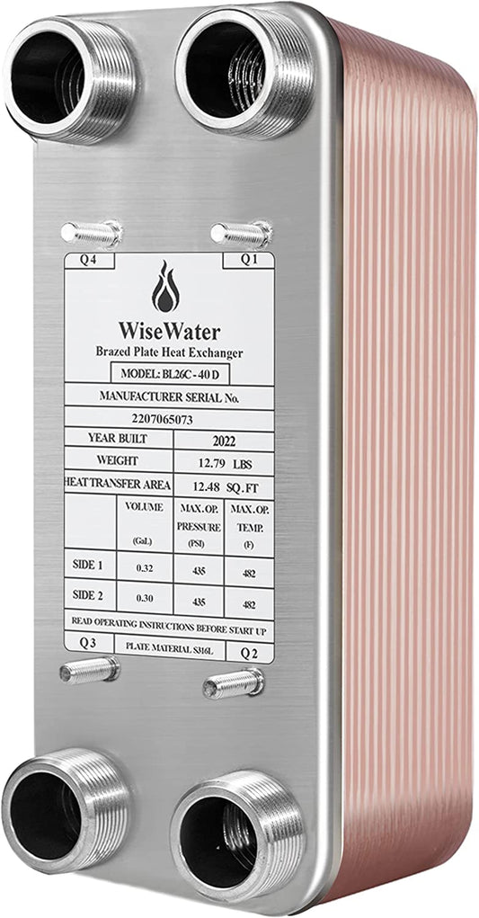 Plate Heat Exchanger, 5"X 12" 40 Plates Water to Water Heat Exchanger, Copper/Ss316L Stainless Steel Brazed Plate Heat Exchanger for Floor Heating, Water Heating, Snow Melting