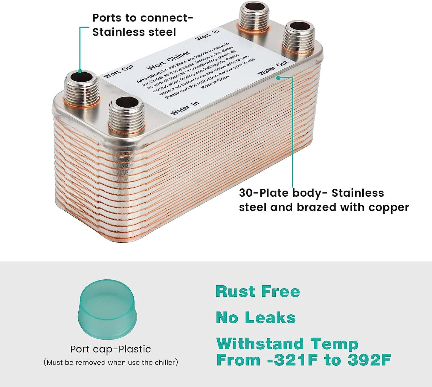 【30 Plates】 Homebrew Wort Chiller, Stainless Steel and Brazed with Copper Heat Exchanger, 1/2 NPT Thread Connection Hot Liquid Accelerated Cooler
