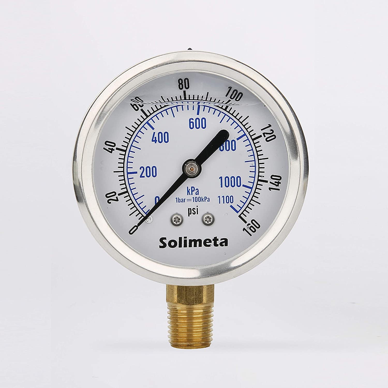 2-1/2" Dial Size, Glycerin Filled Pressure Gauge, 0-160Psi/Kpa, 304 Stainless Steel Case, 1/4"NPT Lower Mount