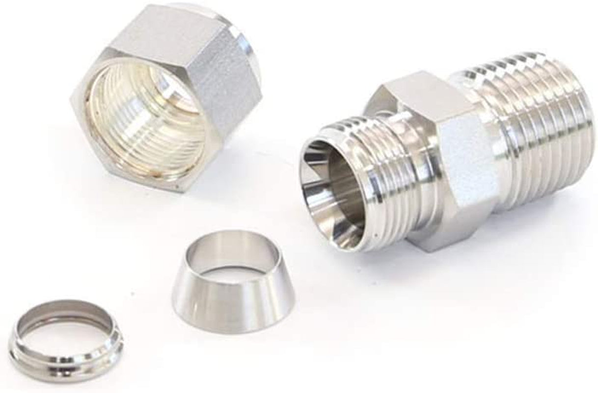304 Stainless Steel Compression Fitting Ferrule, 1/8" Tube OD X 1/4" NPT Male, Straight Adapter Connect with Double Ferrules