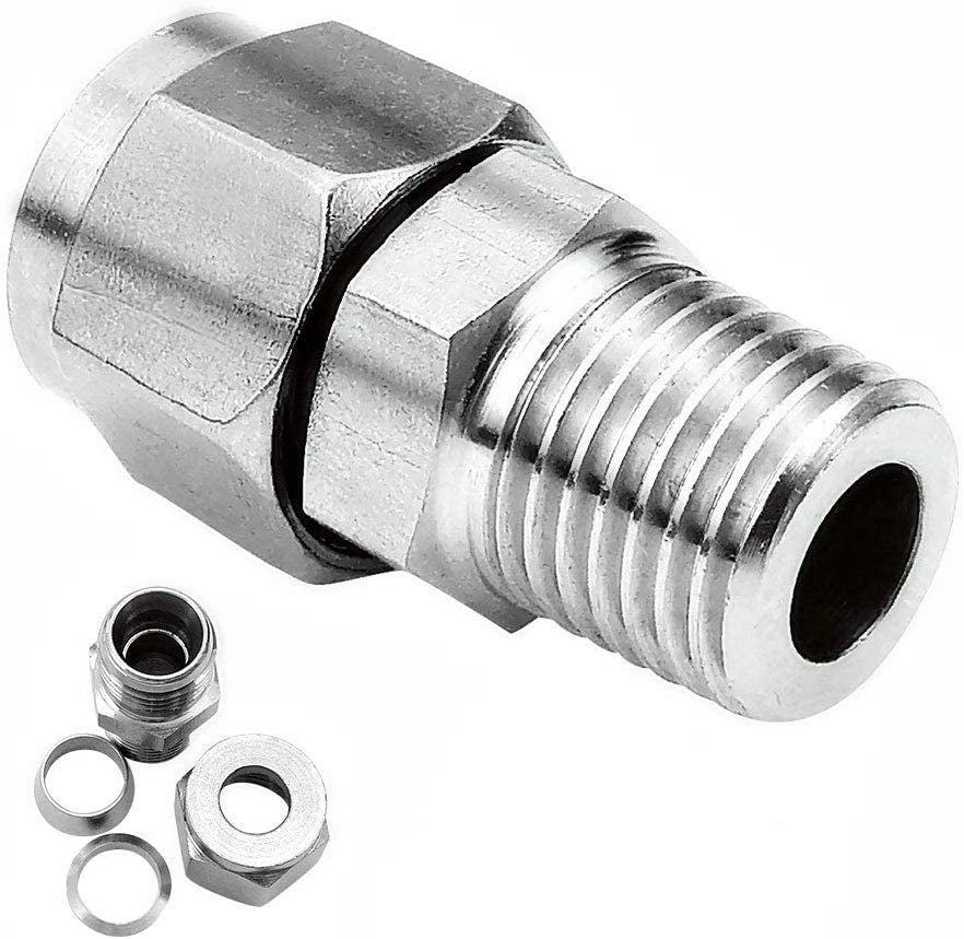 304 Stainless Steel Compression Fitting Ferrule, 1/8" Tube OD X 1/4" NPT Male, Straight Adapter Connect with Double Ferrules
