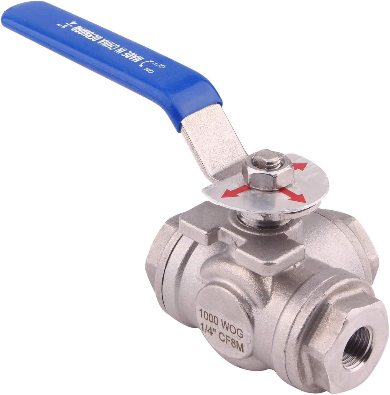 3-Way Ball Valve, T Mounting Pad, Stainless Steel 304 Female Type for Water, Oil, and Gas with Vinyl Locking Handle (1/4 Inch NPT)