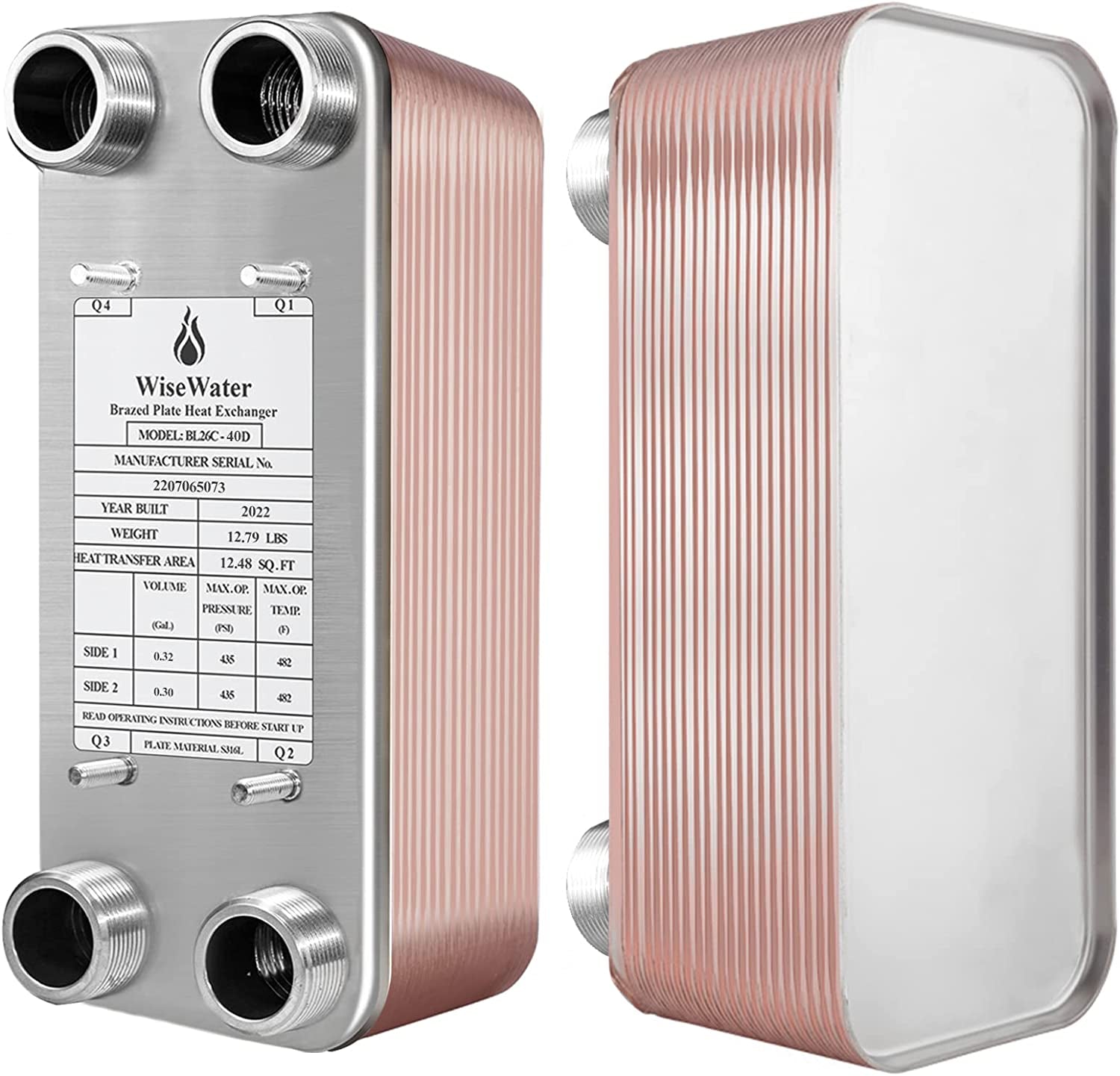 Plate Heat Exchanger, 5"X 12" 40 Plates Water to Water Heat Exchanger, Copper/Ss316L Stainless Steel Brazed Plate Heat Exchanger for Floor Heating, Water Heating, Snow Melting