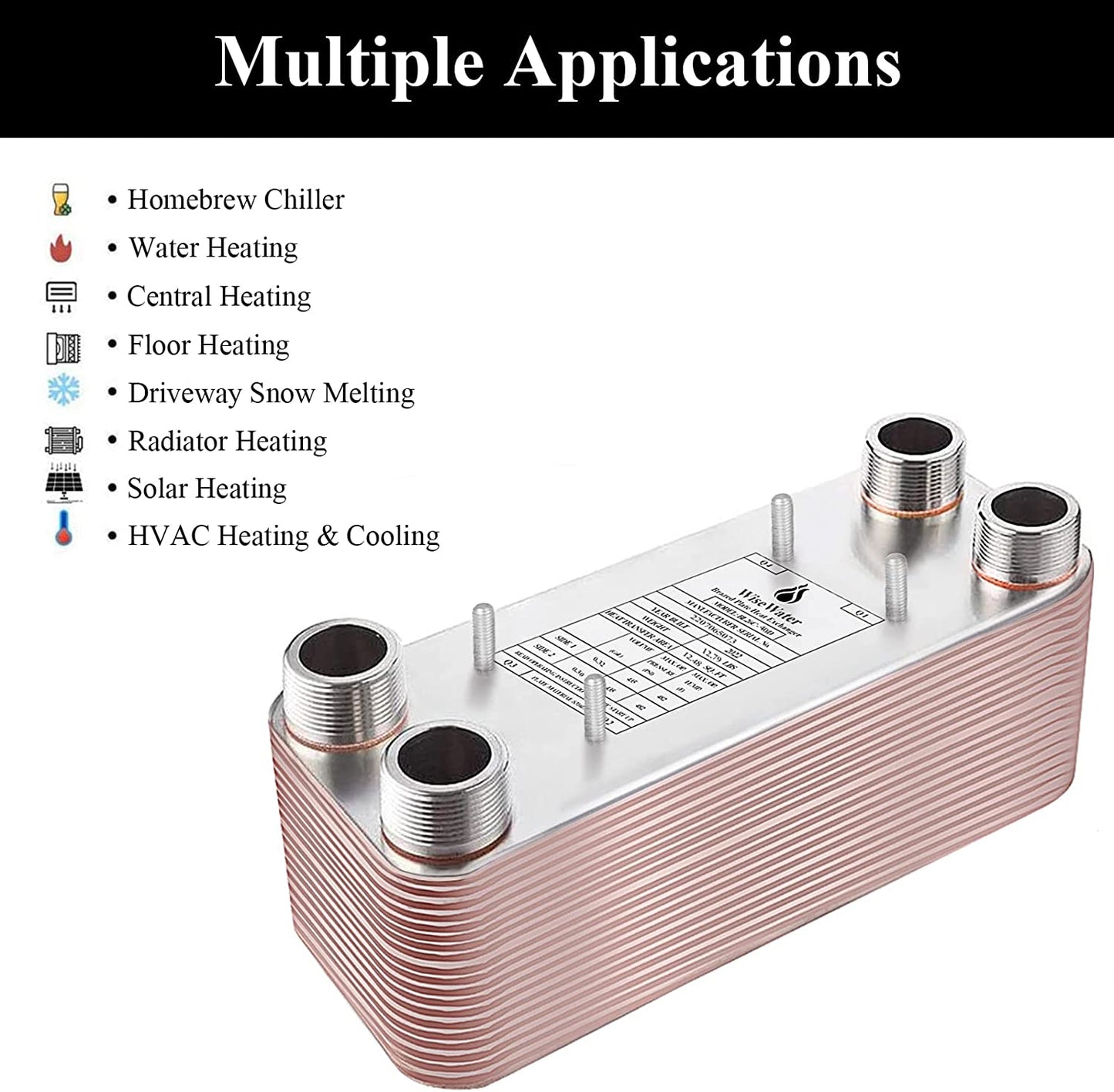Plate Heat Exchanger, 5"X 12" 40 Plates Water to Water Heat Exchanger, Copper/Ss316L Stainless Steel Brazed Plate Heat Exchanger for Floor Heating, Water Heating, Snow Melting